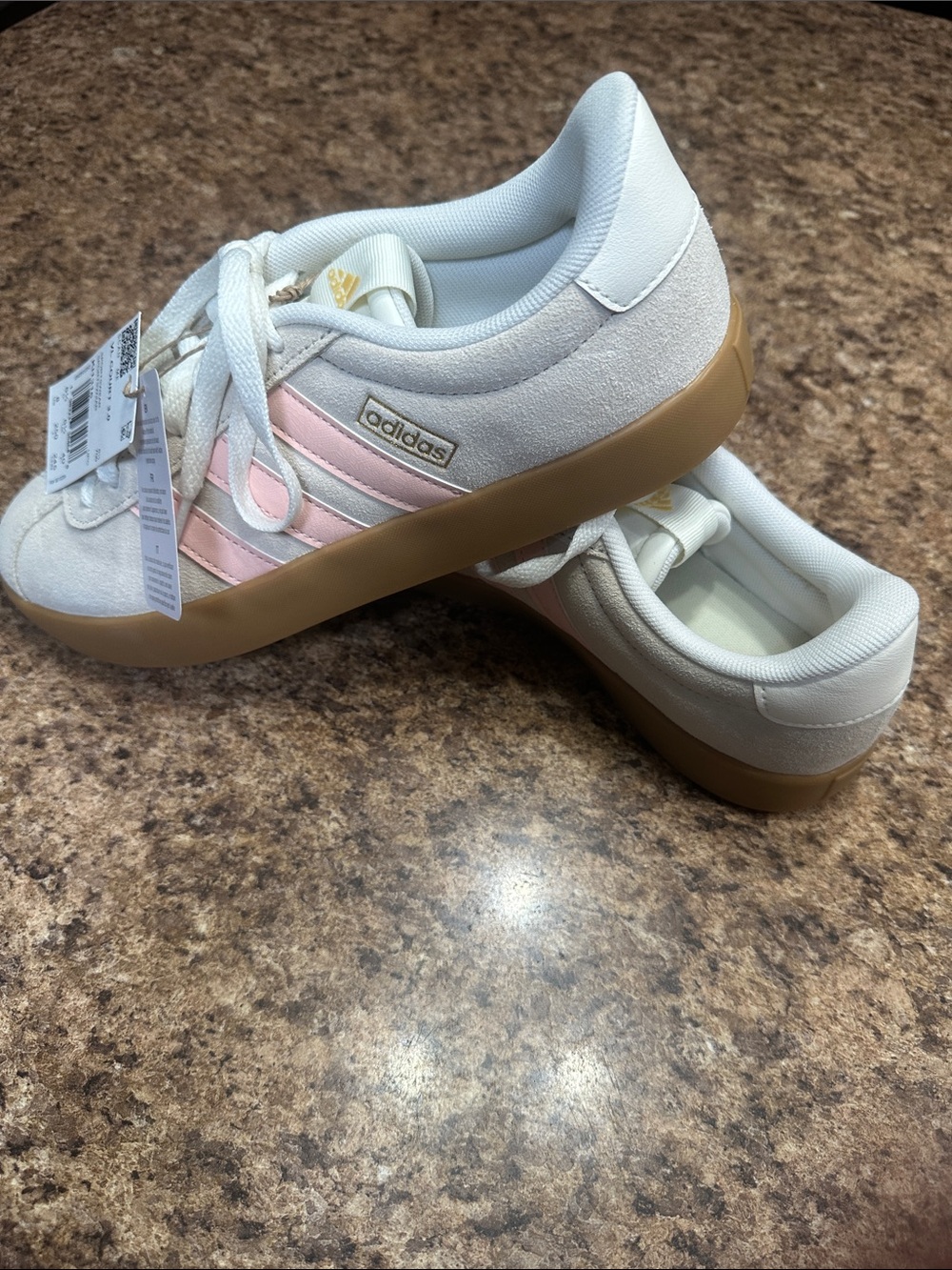 NEW adidas Cream Suede Sneakers with Pink Stripes and Gum Sole